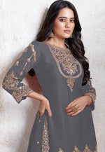 Tasteful Grey Color Georgette Fabric Designer Suit