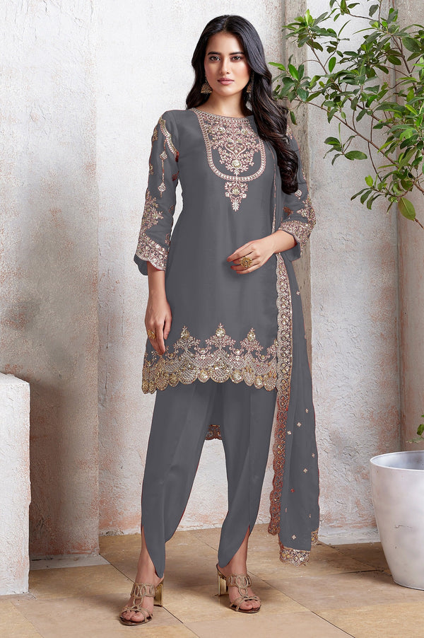 Tasteful Grey Color Georgette Fabric Designer Suit