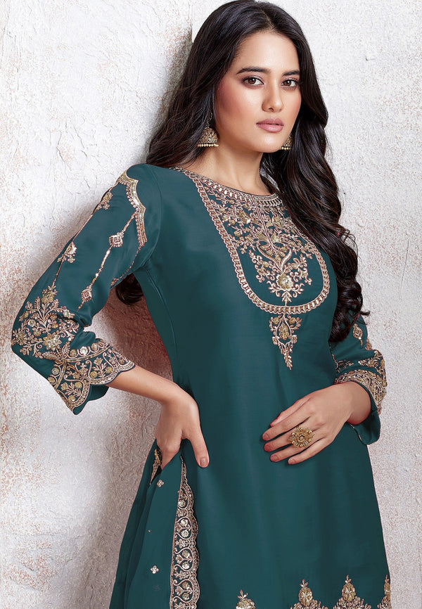Tasteful Teal Color Georgette Fabric Designer Suit
