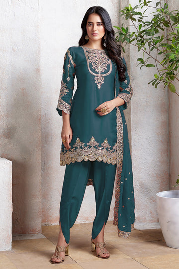 Tasteful Teal Color Georgette Fabric Designer Suit