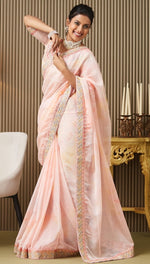 Lovely Peach Color Organza Fabric Designer Saree
