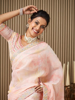 Lovely Peach Color Organza Fabric Designer Saree