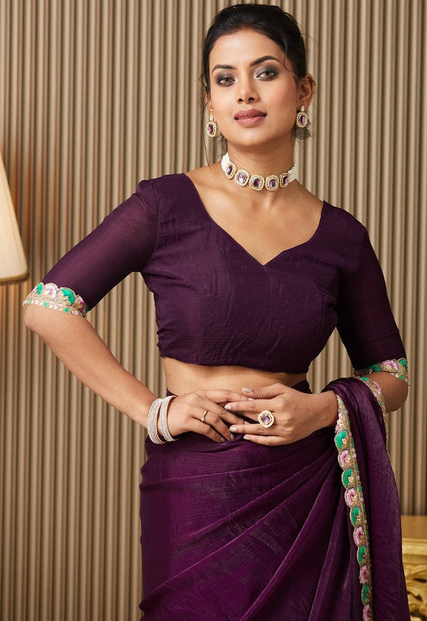 Lovely Voilet Color Chiffon Fabric Designer Saree