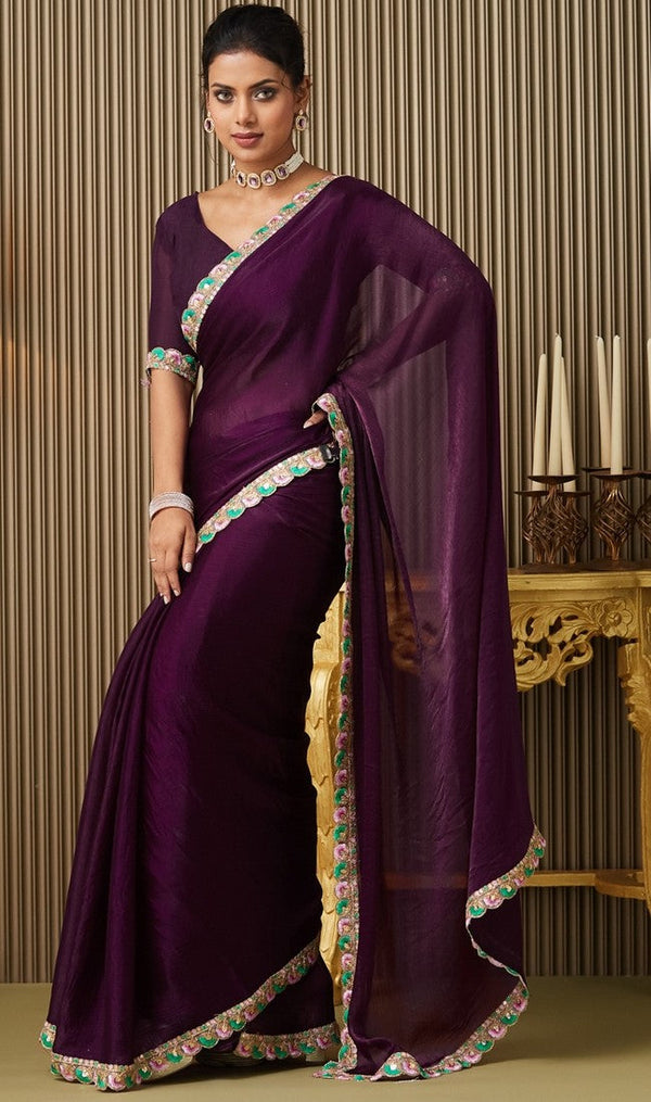 Lovely Voilet Color Chiffon Fabric Designer Saree