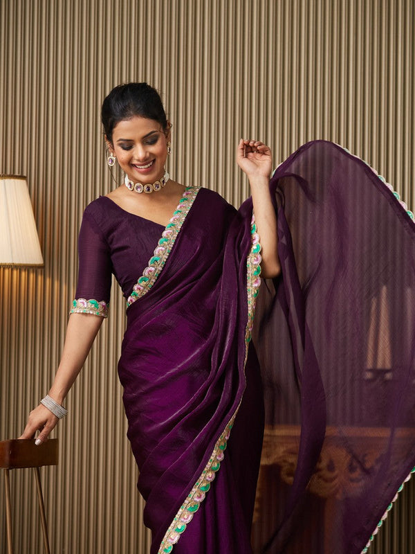 Lovely Voilet Color Chiffon Fabric Designer Saree