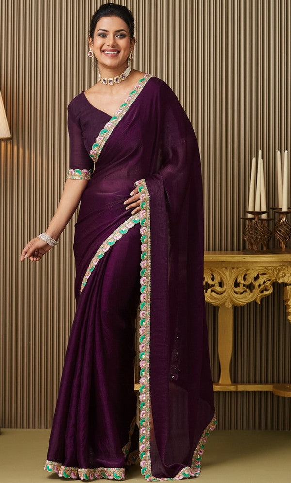 Lovely Voilet Color Chiffon Fabric Designer Saree