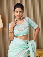 Lovely Aqua Color Organza Fabric Designer Saree