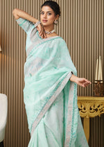 Lovely Aqua Color Organza Fabric Designer Saree