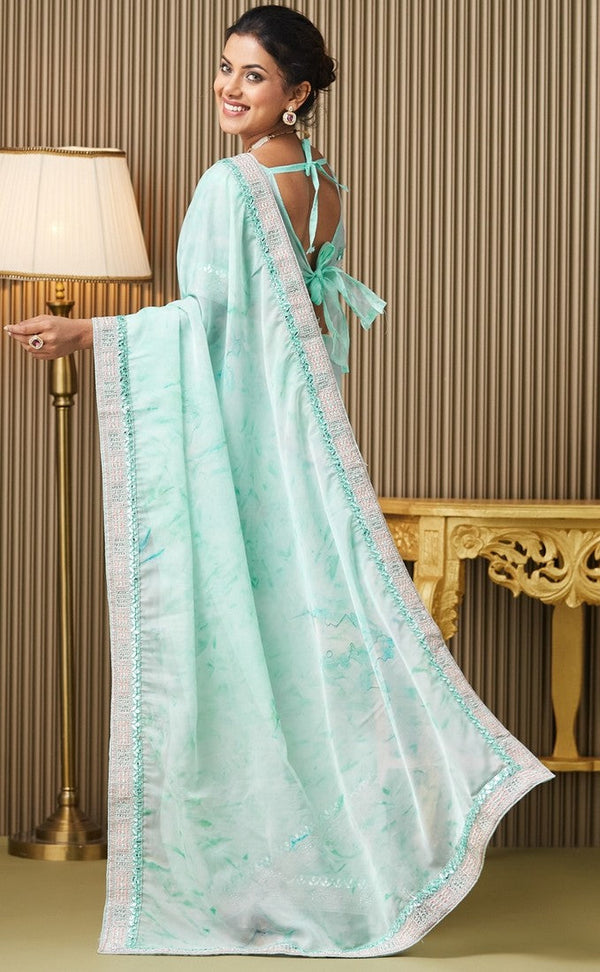 Lovely Aqua Color Organza Fabric Designer Saree