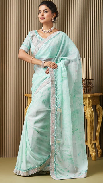 Lovely Aqua Color Organza Fabric Designer Saree