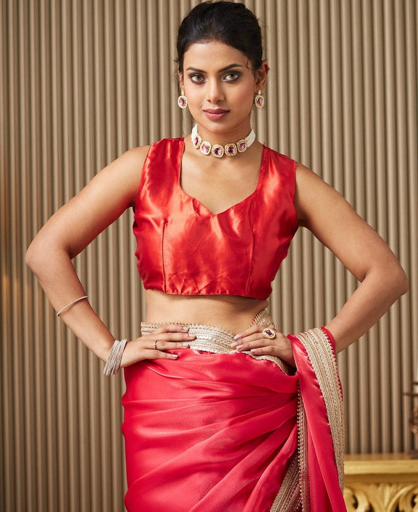 Lovely Red Color Organza Fabric Designer Saree