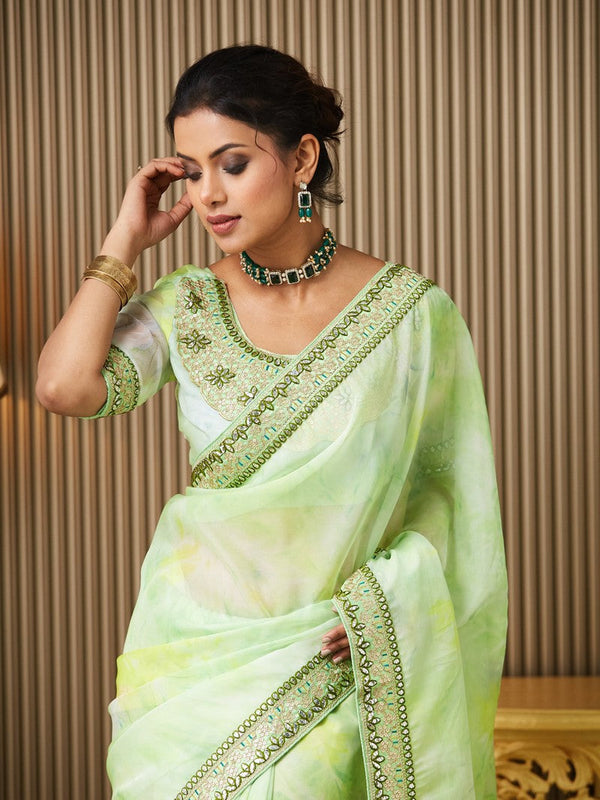 Lovely Green Color Organza Fabric Designer Saree