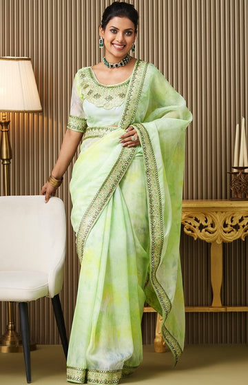 Lovely Green Color Organza Fabric Designer Saree