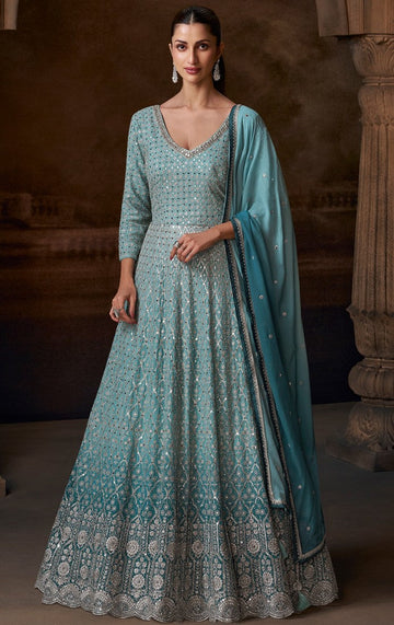 Angelic Aqua Color Chinon Fabric Partywear Suit