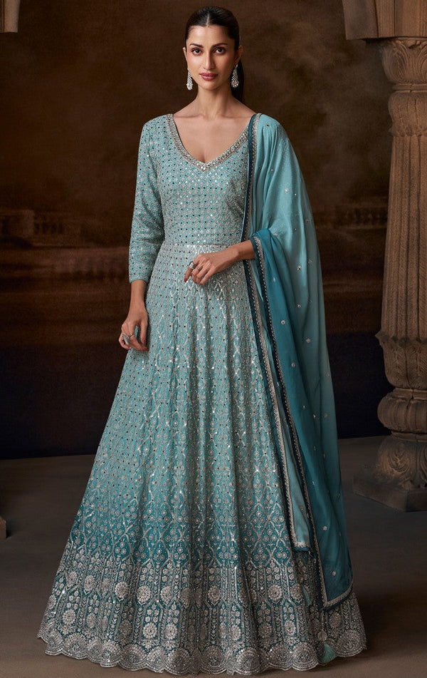 Angelic Aqua Color Chinon Fabric Partywear Suit