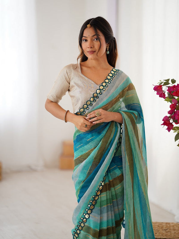 Beauteous Turquoise Color Chiffon Fabric Casual Saree