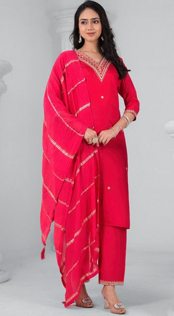 Beauteous Red Color Rayon Fabric Designer Suit