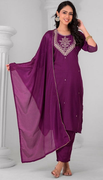 Beauteous Purple Color Rayon Fabric Designer Suit