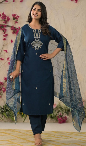 Beauteous Teal Color Rayon Fabric Designer Suit