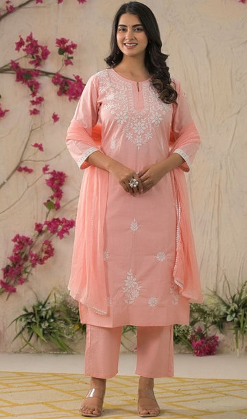 Beauteous Peach Color Rayon Fabric Designer Suit