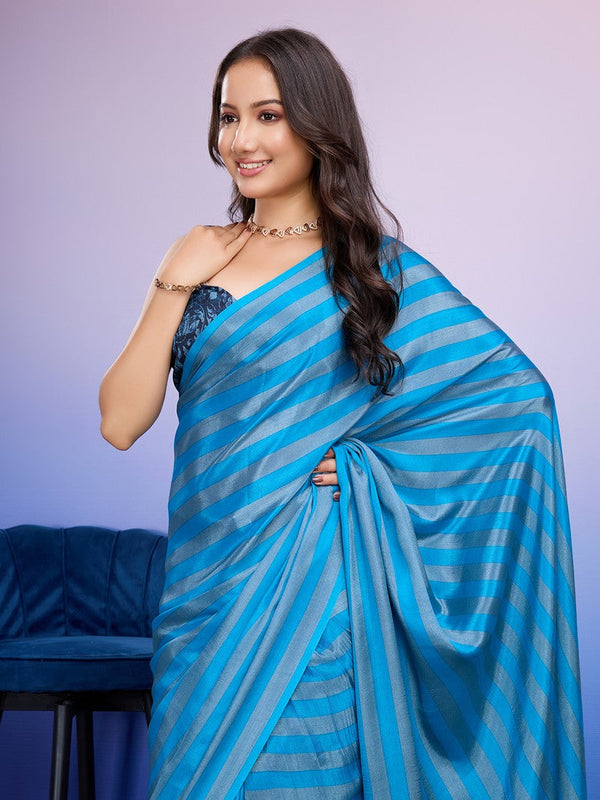 Amazing Aqua Color Satin Fabric Casual Saree