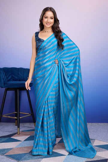 Amazing Aqua Color Satin Fabric Casual Saree