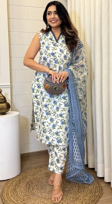 Beauteous Cream Color Cotton  Fabric Designer Suit
