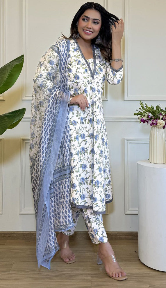 Beauteous Cream Color Cotton  Fabric Designer Suit