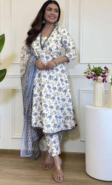 Beauteous Cream Color Cotton  Fabric Designer Suit