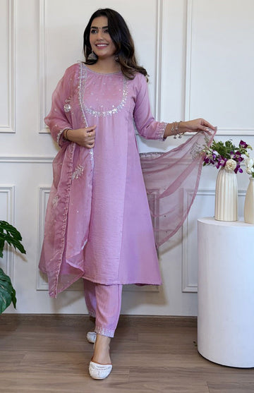 Beauteous Purple Color Silk  Fabric Designer Suit