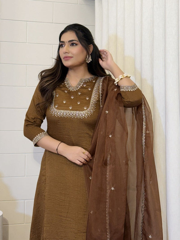 Beauteous Brown Color Vichitra  Fabric Designer Suit