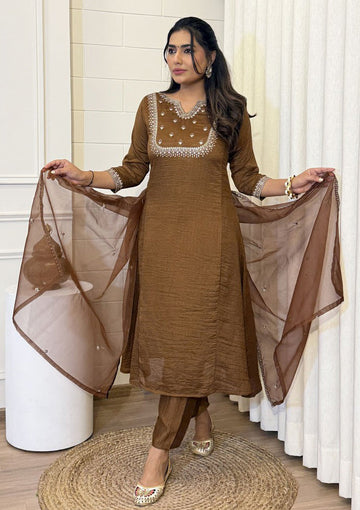 Beauteous Brown Color Vichitra  Fabric Designer Suit