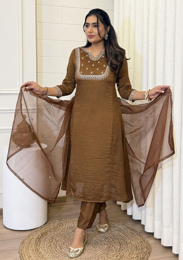 Beauteous Brown Color Vichitra  Fabric Designer Suit