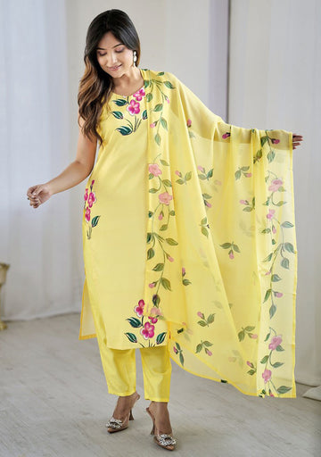 Beauteous Yellow Color Crepe Fabric Designer Suit