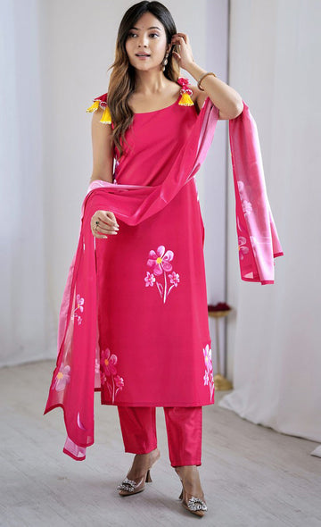 Beauteous Coral Color Crepe Fabric Designer Suit
