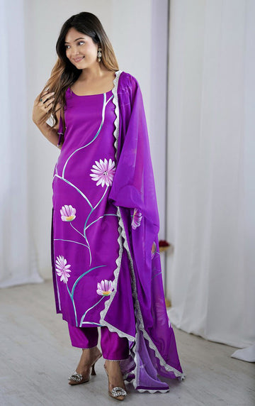 Beauteous Purple Color Crepe Fabric Designer Suit