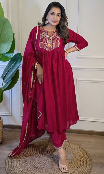 Beauteous Maroon Color Vichitra Fabric Designer Suit