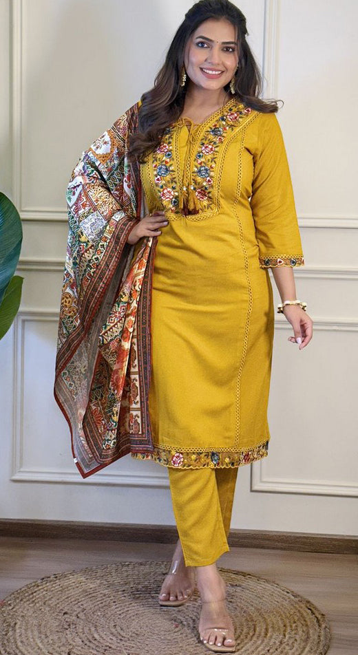 Beauteous Mustard Color Viscose Fabric Designer Suit