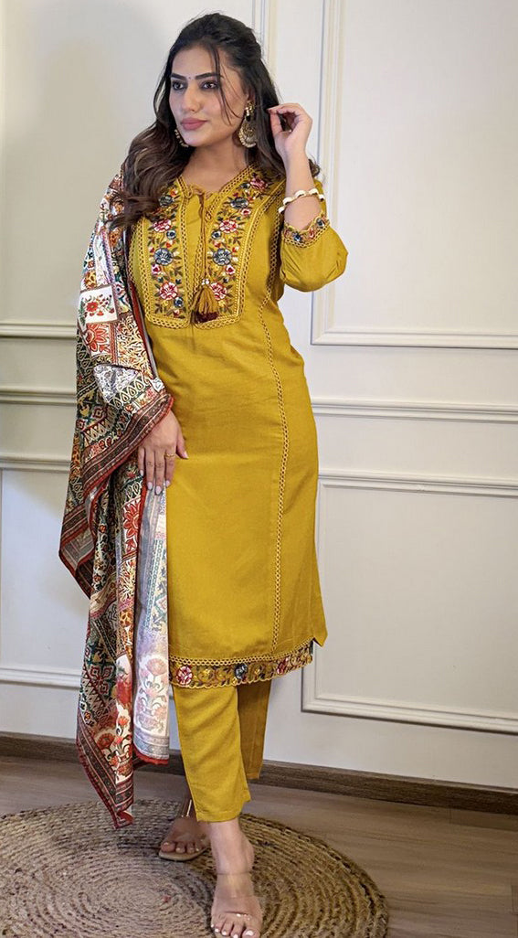 Beauteous Mustard Color Viscose Fabric Designer Suit