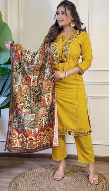 Beauteous Mustard Color Viscose Fabric Designer Suit