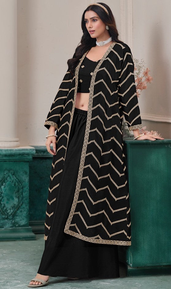 Beauteous Black Color Chinon Fabric Designer Suit