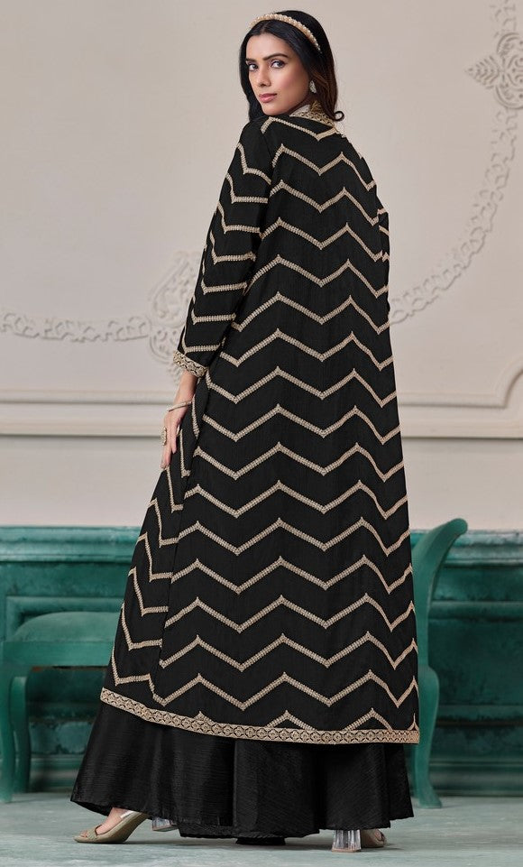 Beauteous Black Color Chinon Fabric Designer Suit