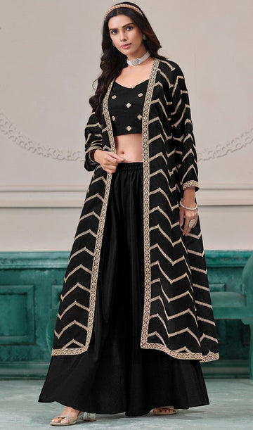Beauteous Black Color Chinon Fabric Designer Suit