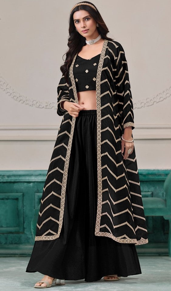 Beauteous Black Color Chinon Fabric Designer Suit