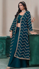 Beauteous Teal Color Chinon Fabric Designer Suit
