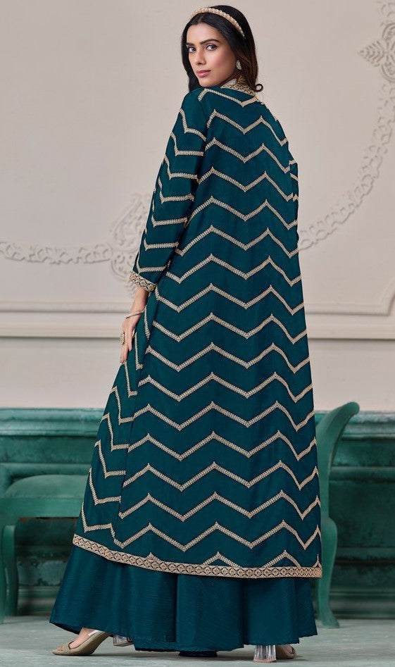 Beauteous Teal Color Chinon Fabric Designer Suit