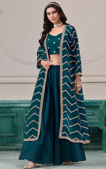 Beauteous Teal Color Chinon Fabric Designer Suit