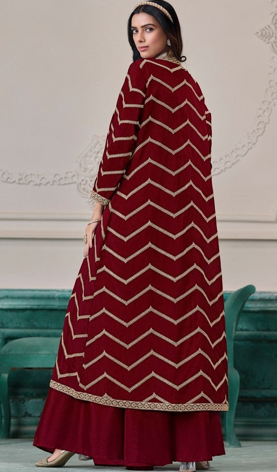 Beauteous Maroon Color Chinon Fabric Designer Suit