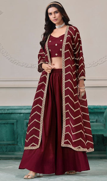 Beauteous Maroon Color Chinon Fabric Designer Suit