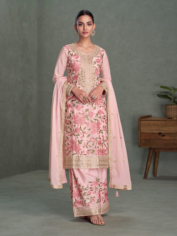 Divine Pink Color Chinon Fabric Plazzo Suit